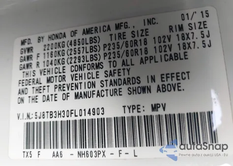 2015 Acura Rdx из США, поврежденный, VIN 5J8TB3H30FL014903